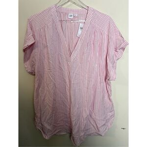 GAP 100% Rayon Short Sleeve V Neck Striped Top Pink & White XXL NWT
